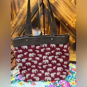 Elephant Patterned Tote Bag - Burgundy and Brown